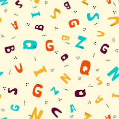 Seamless pattern with colorful letters. Vector background with alphabet for fabric, banner, wrapping paper, bed linen, wallpaper. Doodle pattern with letters.