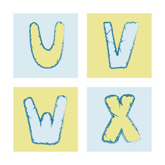 Cute colorful alphabet with textural stroke. Hand letters of candy colors. Cute funny letters U V W X for children's books, cards, banners, clothes. Alphabet for holiday and birthday.