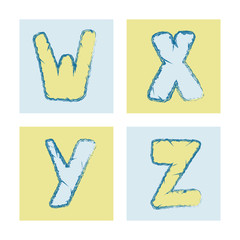 Cute colorful alphabet with textural stroke. Hand letters of candy colors. Cute funny letters W X Y Z for children's books, cards, banners, clothes. Alphabet for holiday and birthday.