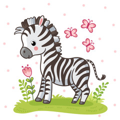 Zebra standing on a flower meadow. Cute african animal in cartoon style. © svaga