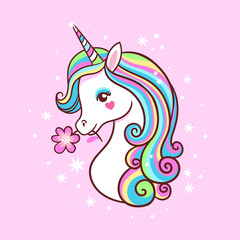 Unicorn on a pink background with stars. Postcard with milvm.