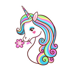 Greeting card with unicorn on a white background.