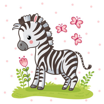 Zebra standing on a flower meadow. Cute african animal in cartoon style.