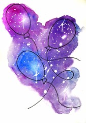 watercolor sketch illustration, tattoo style: contour of three balloons against a background of pink and lilac cosmos-like spots with white stars, suitable for printing T-shirts