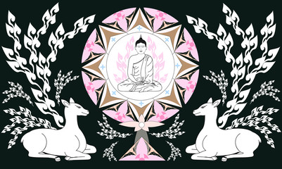 Thai style Illustration vector of Buddha sit in Dharmachakra and deers for Visakha Puja Day or Makha Puja day - Buddhism peaceful Buddha concept