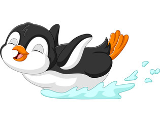 Cute penguin cartoon sliding on water © tigatelu
