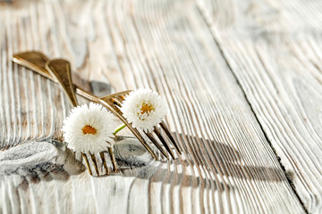 Fototapeta na wymiar Edible flowers with fork on white wooden table. Free space for your decoration. 