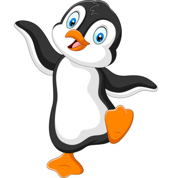 Cute penguin cartoon dancing on white background