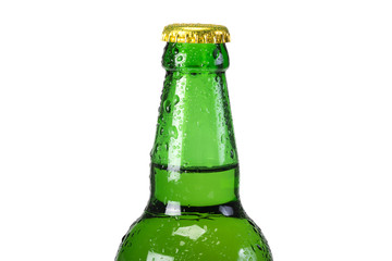 Bottle with to the declines of water on a white isolated background. Closeup