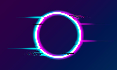 An illuminated circle with glitch and neon effect. Glow Design for Graphic Design - Banner, Poster, Flyer, Brochure, Card. Vector Illustration. - obrazy, fototapety, plakaty