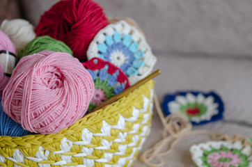 Multicolored plaid squares of crocheted