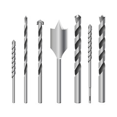 Realistic 3d Detailed Metallic Drill Bits Set Tools for Construction Work, Drilling Hole.