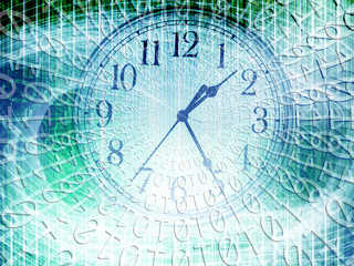 conceptual technology and time image of binary code with clock and abstract lights