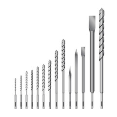 Realistic 3d Detailed Metallic Drill for rock-drill or perforator Bits Set Tools for Construction Work, Drilling Hole.