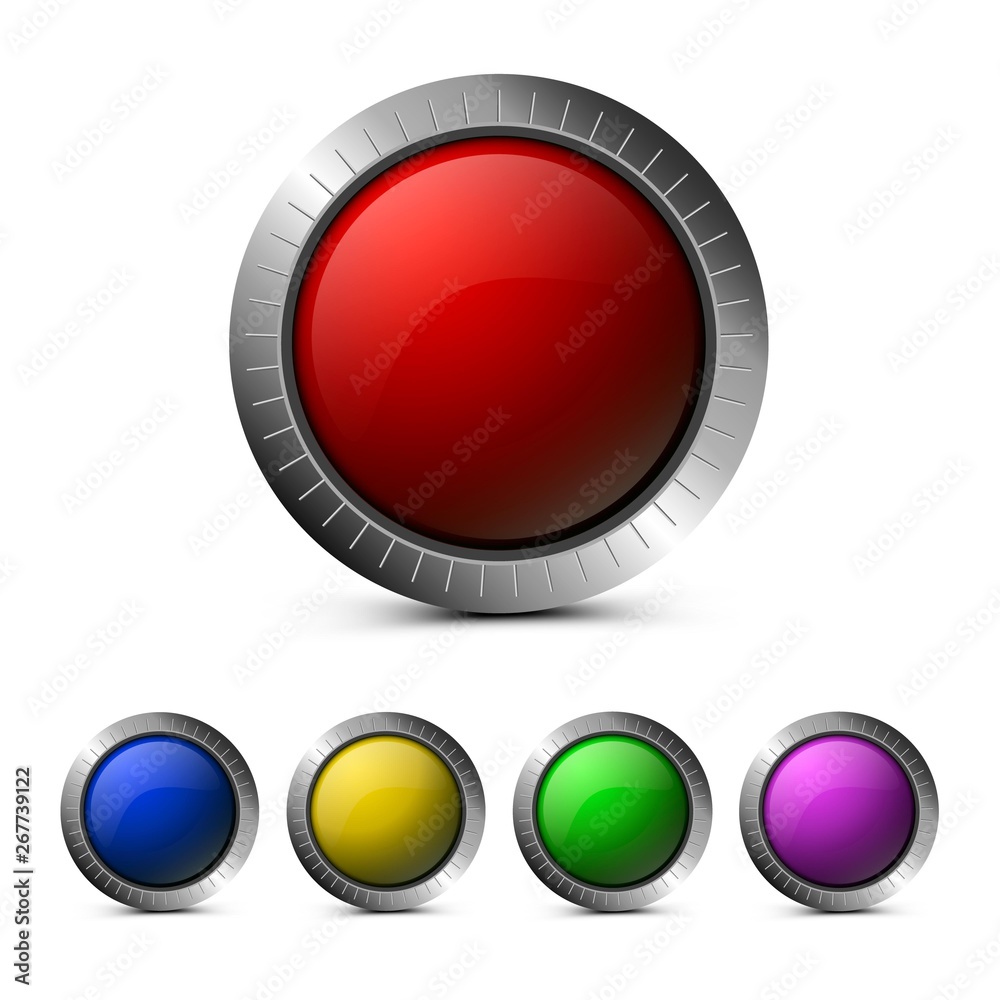 Poster Empty glass buttons red, green, blue, yellow, purple color. Vector round shape buttons for interface design and web design.