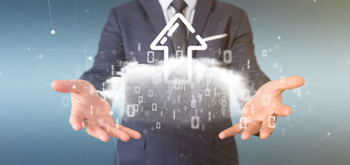Businessman holding a Binary cloud with upload internet arrow 3d rendering