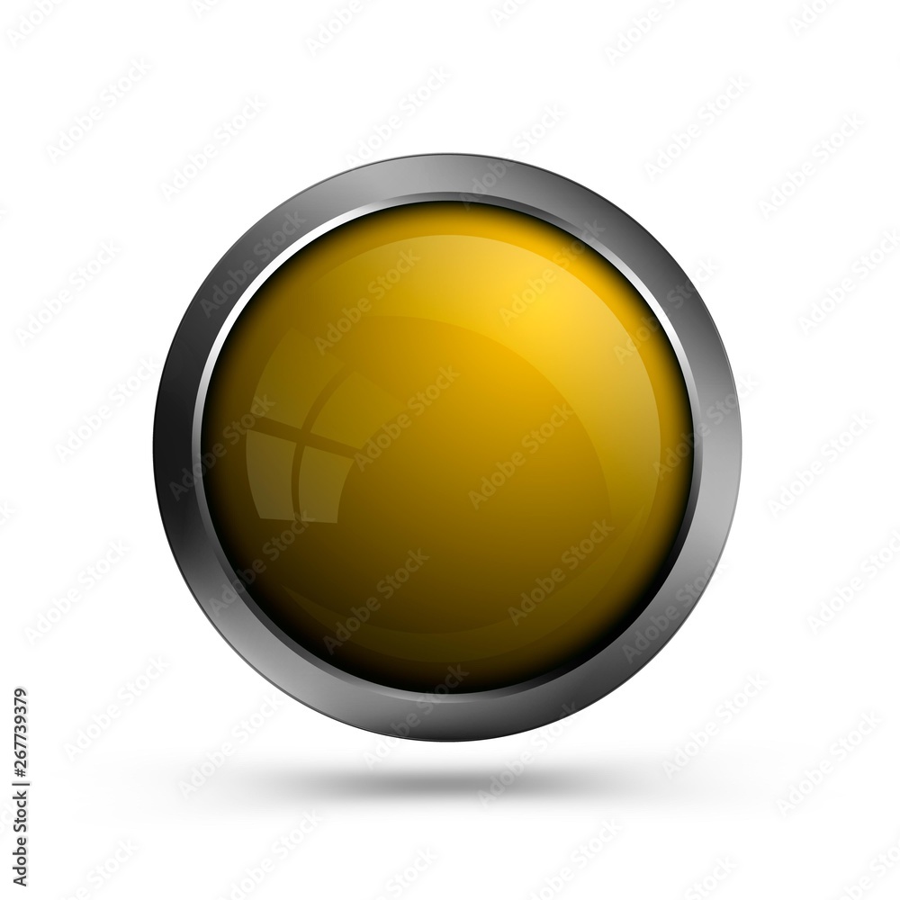 Poster Vector yellow glass round button with metal frame. Button for web design, interface design, apps and games.