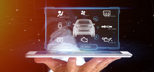 Man holding a Dashboard smartcar interface dashboard 3d rendering