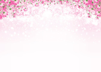 Vector pink floral border on pink bokeh background.