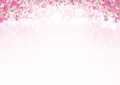 Vector pink floral border on pink bokeh background.
