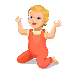 Realistic little baby in red suit. Cartoon baby character.