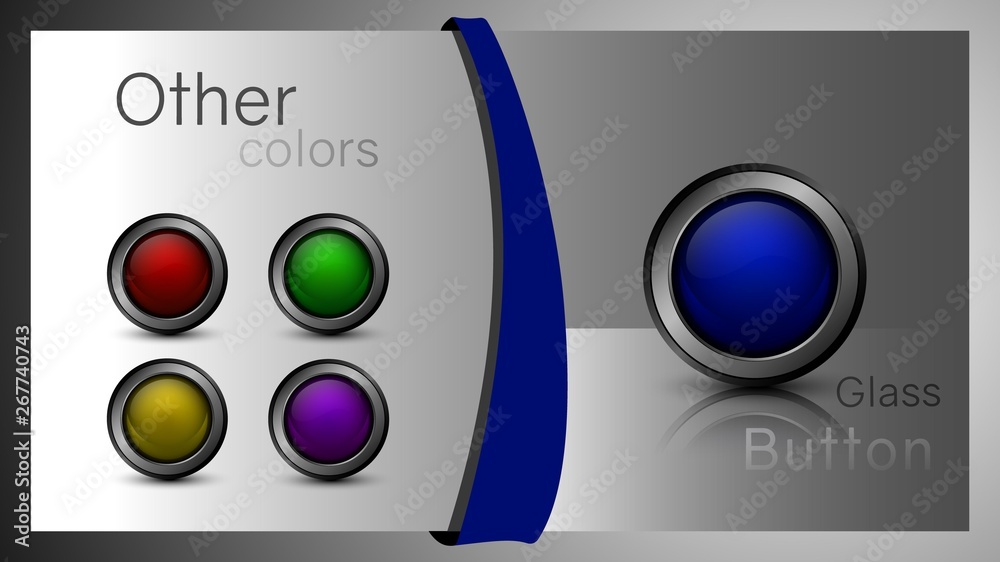 Poster Set of glass buttons of different colors for web design. Ready buttons for the design of the interface software, app and games.
