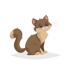 Cute brown cartoon cat sitting. Domestic farm animal. Pet drawing. Flat comic style. Ideal for education. Vector illustration isolated on white background.