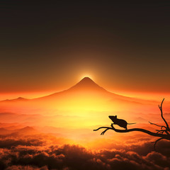 富士山の日の出とネズミのシルエット