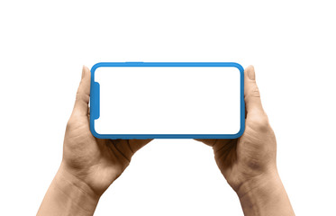 Blue, modern flat design smart phone in horizontal position in woman hands. Isolated display for mockup, and background.
