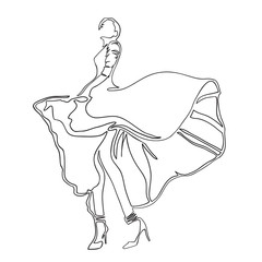 Fashion. Dance. Illustration of dancing girl wearing long dress on high heels. Continuous line drawing of beautiful lady, minimalism, woman beauty. Vector illustration for t-shirt design