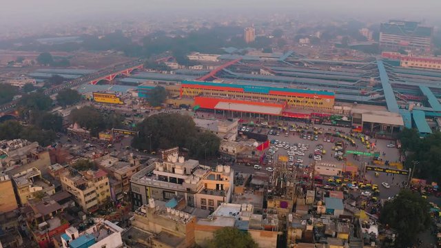 NDLS Rail station, Delhi, India, 4k aerial drone