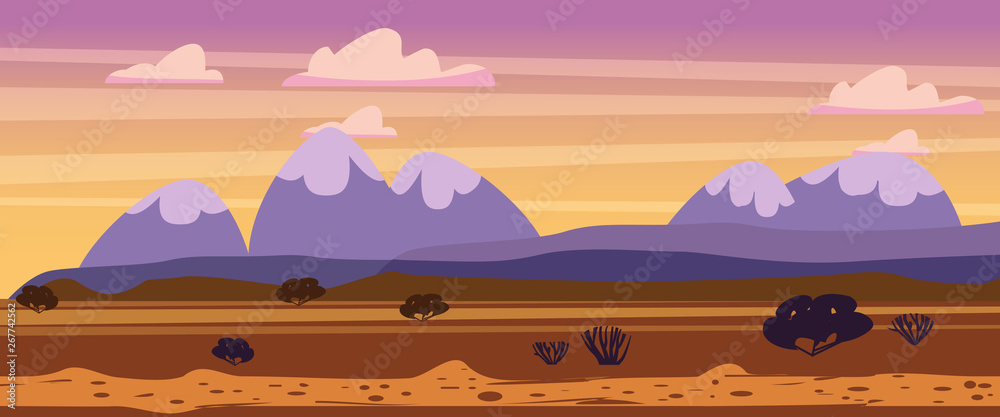 Wall mural landscape sunset summer, countryside, rural view, wild west, mountains bushes savannah desert