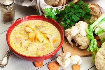 Vegetable soup with ingredients carrot, cauliflower, potato and parsley