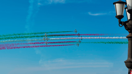 Italian aerobatic team Frecce Tricolori (Tricolor arrows) performs the show with Aermacchi MB-339 aircrafts at Bari (ITALY) Airshow on the feast of St. Nicholas May 8, 2019