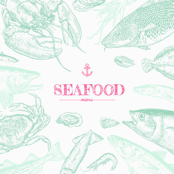 Hand drawn seafood background. Realistic river and ocean animals. Engraved style vector illustration. Template for your design works.