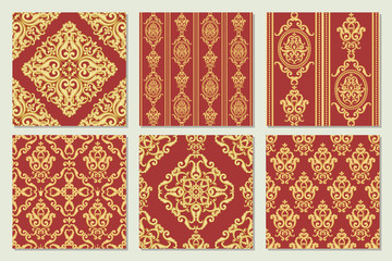 Set collection of seamless damask pattern. Gold and red texture