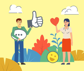 Man and woman hold big thumb up, heart, comment icons. Social media agency, team. Poster for web page, banner, presentation. Flat design vector illustration