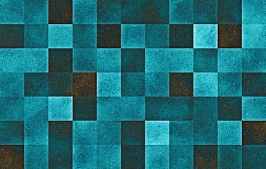 Gradient geometric square blocks. Blue glitter cells texture. Abstract background