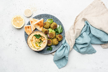 Falafel, hummus and pita bread. Arabian style appetizer. Healthy vegan and vegetarian food concept....