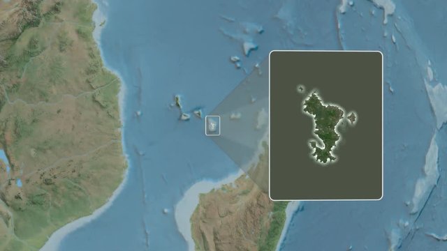 Mayotte area bounds outlined on the end cap of rectangular tube and animated against the spinning satellite globe. Animation 3D
