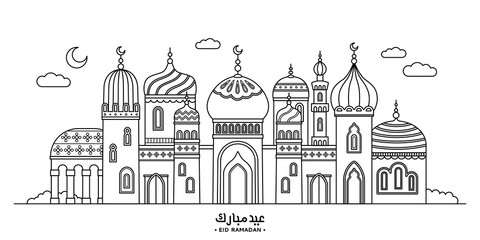 Fototapeta premium Eid Mubarak mosque in line style