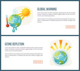 Naklejka premium Global warming vector, environmental problems and issues on planet, sunshine and thermometer, ozone depletion, heat and arrows attack set. Website landing page flat style. Concept for Earth day