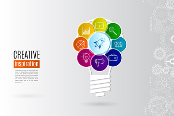 Innovation concept and new idea with light bulb and icons of briefcase, chart, purse, magnifier, rocket, basket on the grey background. Creative inspiration original idea.