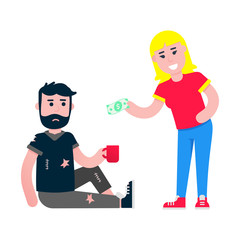 Obraz premium Volunteer helps homeless man with food. Volunteers helping homeless by money him take things flat style design vector illustration isolated white background. Poor man and woman with banknote.