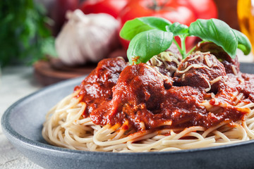 Spaghetti pasta with meatballs and tomato sauce