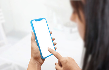 Flat blue smart phone concept mockup in woman hands.