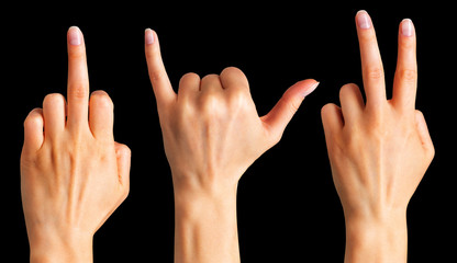 Female hands showing three diferent gestures. Isolated