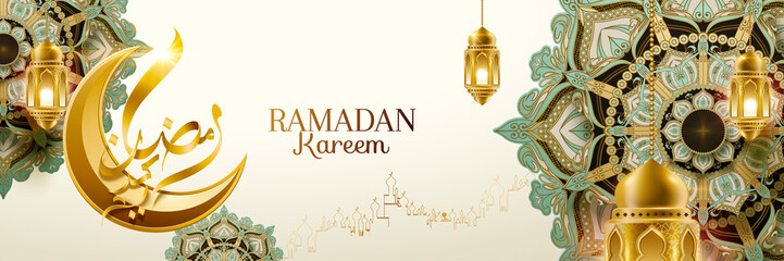 Ramadan turquoise flowers banner - obrazy, fototapety, plakaty