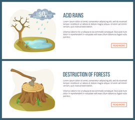 Destruction of forests vector, deforestation and acid rain, harmful liquid, lake and tree without leaves. Ax environmental problems info. Website or webpage template flat style. Concept for Earth day