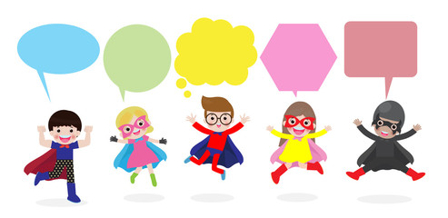Cute superhero kids with speech bubbles, Set of superhero child with speech bubbles isolated on white background